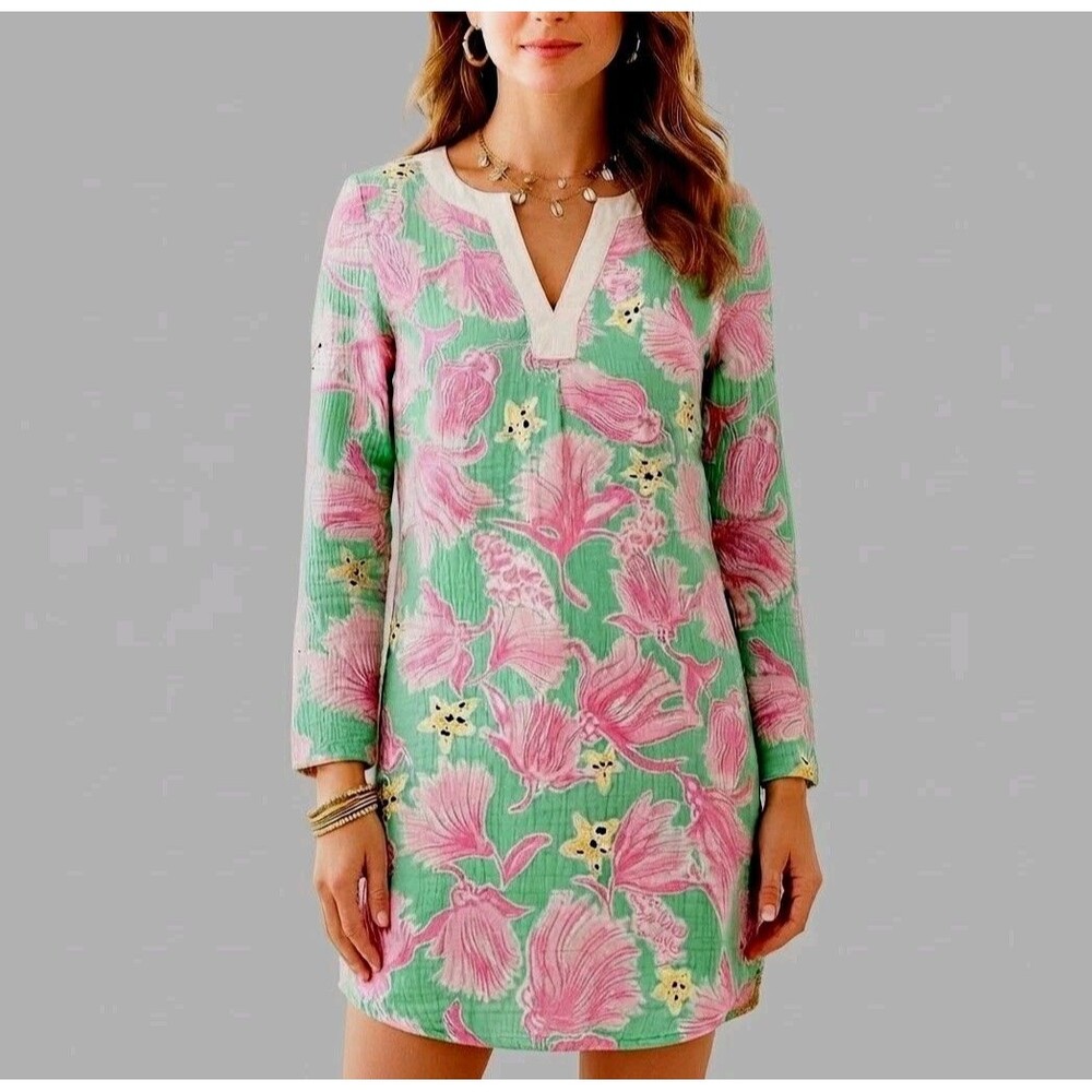 Lilly Pulitzer Pink Green Floral Starfish Long Sleeve Cotton Tunic Dress Size S